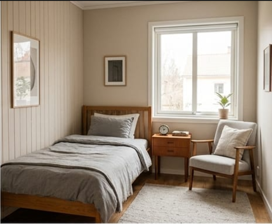 Single room with a made bed, wooden bedside cabinet and a window
